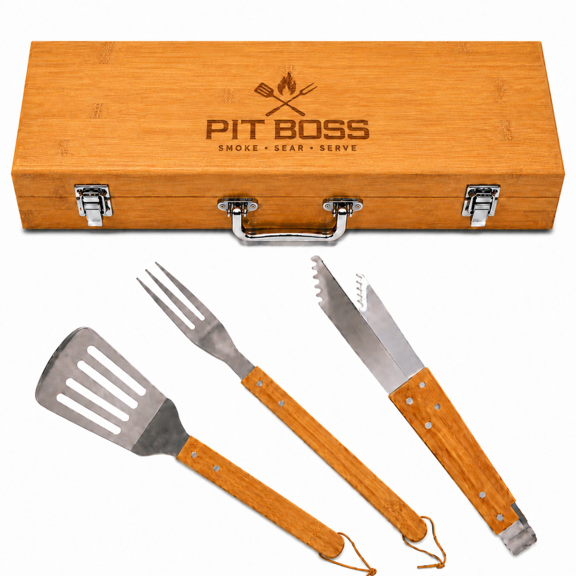 Pit Boss Grill Set - Main engraved bamboo grill set design