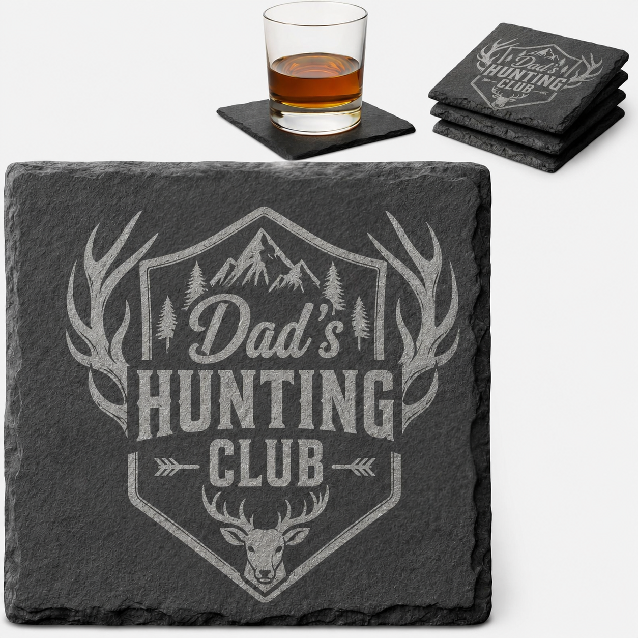 Dad's Hunting Club Slate Coaster Set - Main slate coaster design