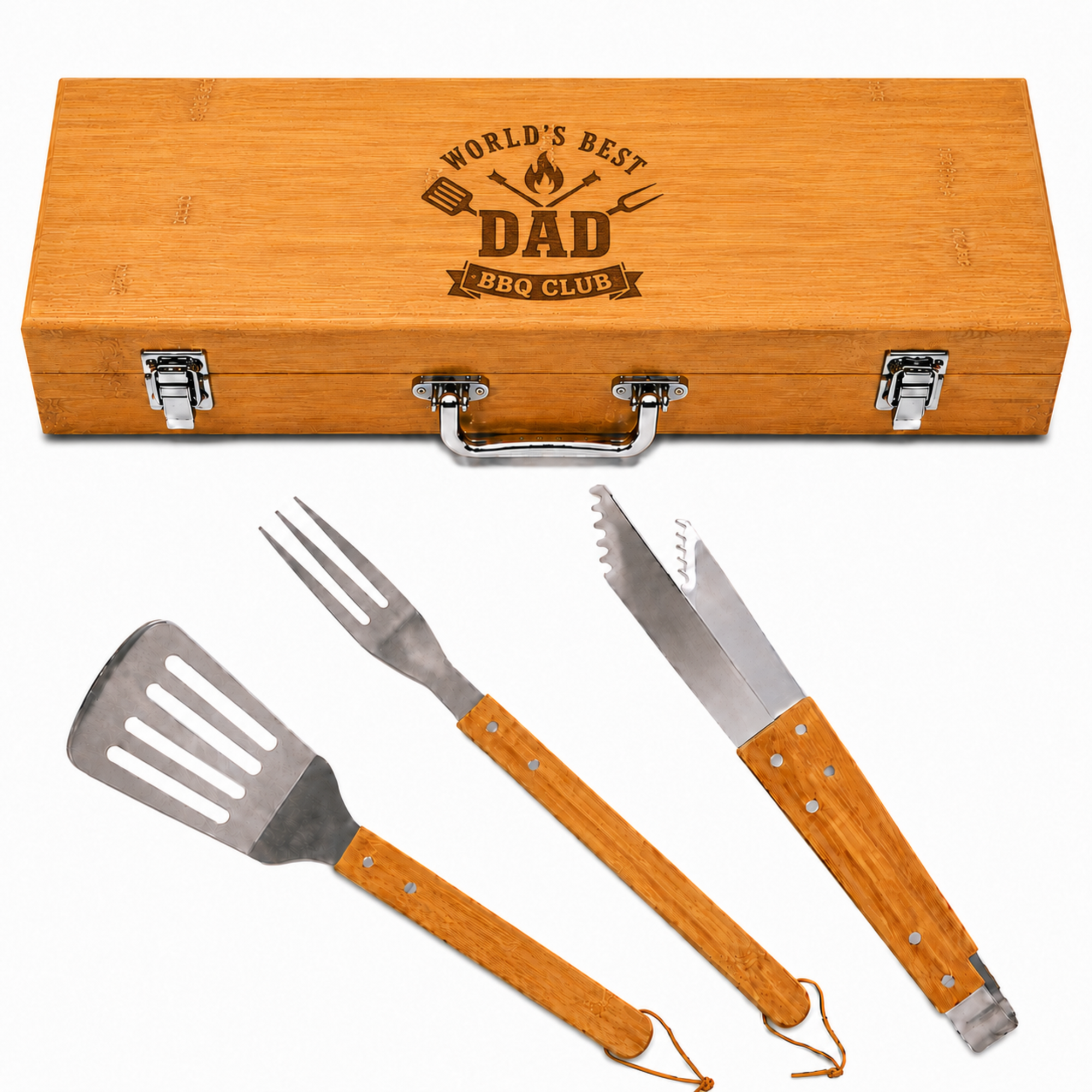 World's Best Dad BBQ Club Grill Set - Main engraved bamboo grill set design