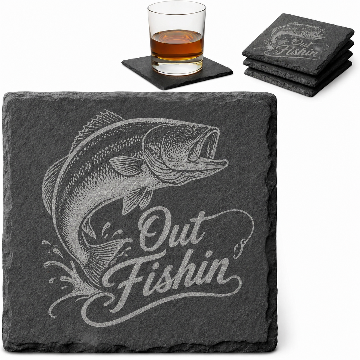 Out Fishin' Slate Coaster Set - Main slate coaster design