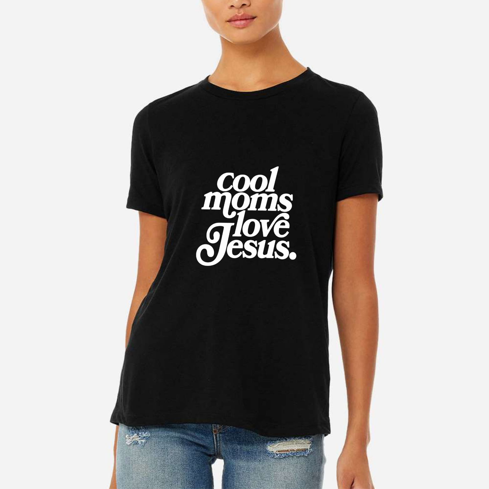 Cool Moms Love Jesus Women's Ultra-Premium Triblend T-Shirt - Black front mockup