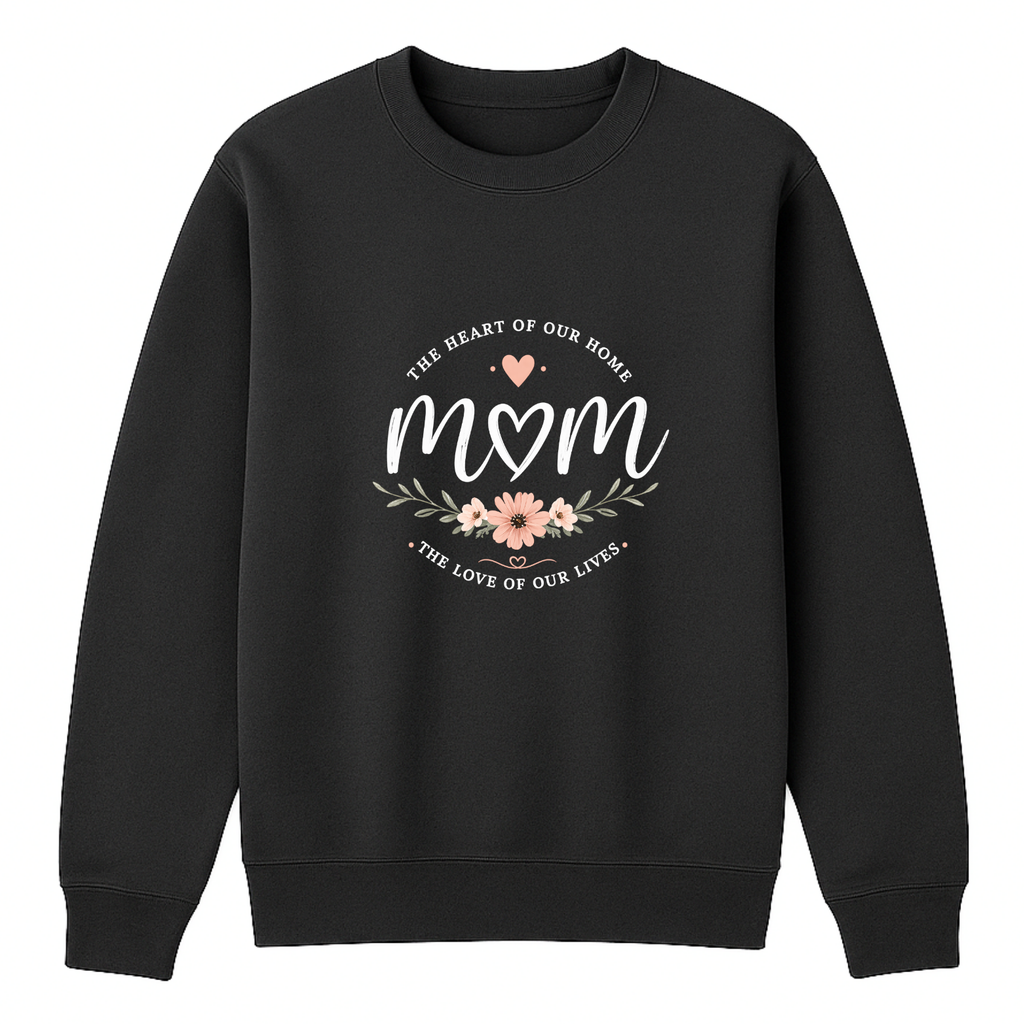Mom The Heart Of Our Home Crewneck Sweatshirt - Black mockup