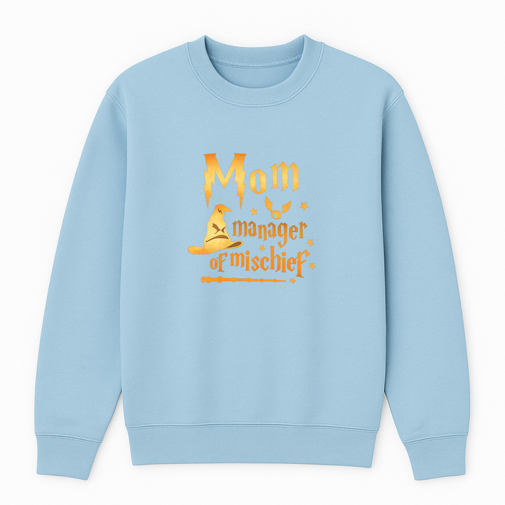 Mom Manager Of Mischief Crewneck Sweatshirt - Black mockup