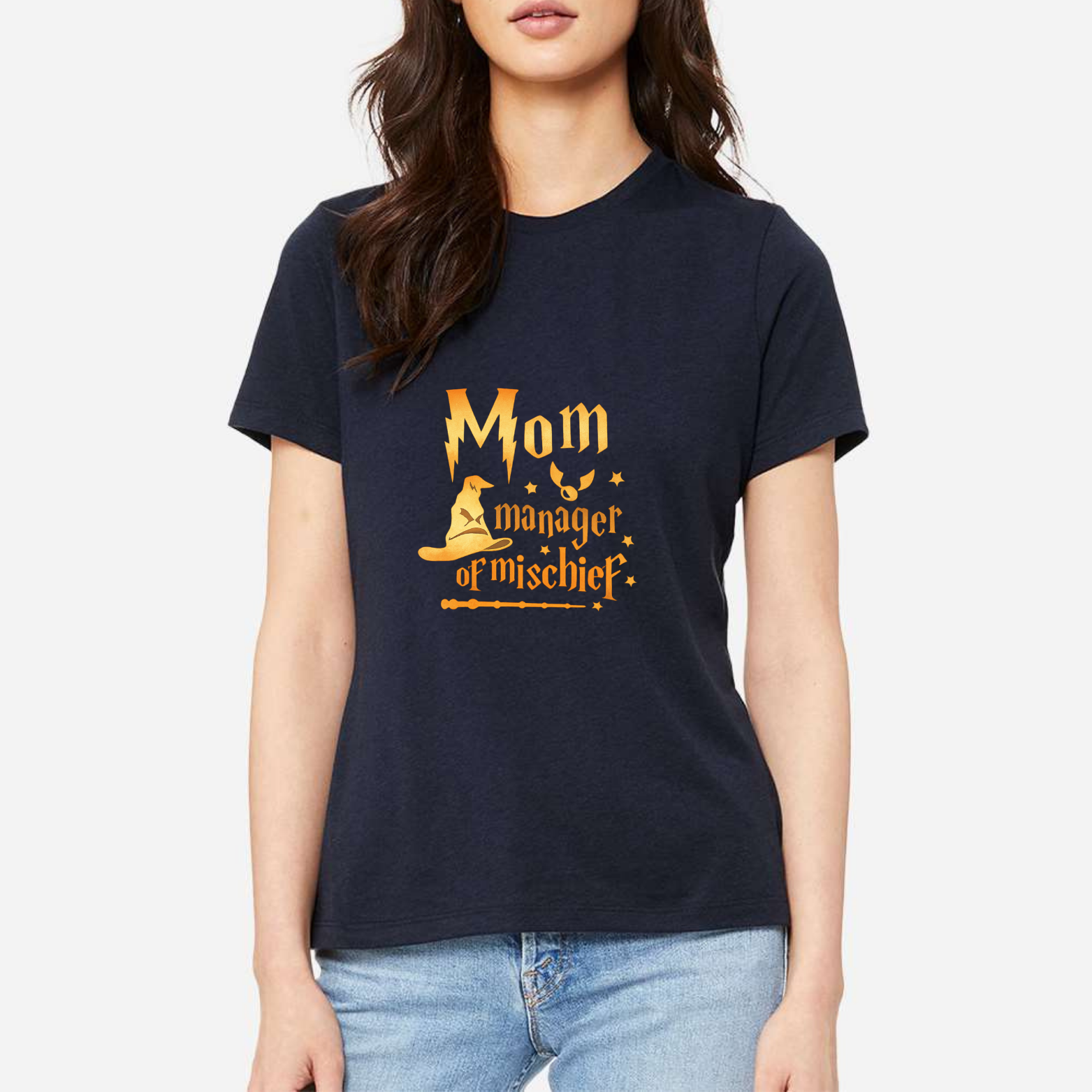 Mom Manager Of Mischief Women's Ultra-Premium Triblend T-Shirt - Navy front mockup
