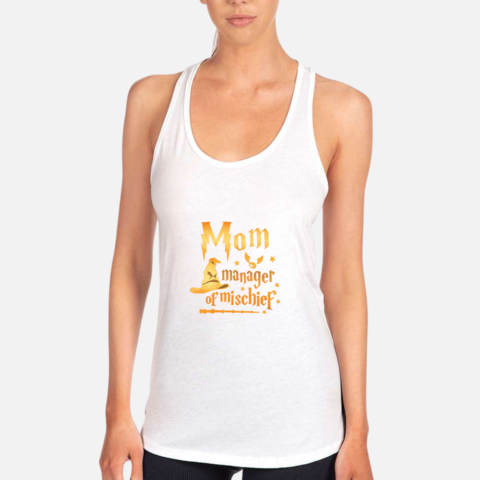 Mom Manager Of Mischief Women's Racerback Tank - White front mockup