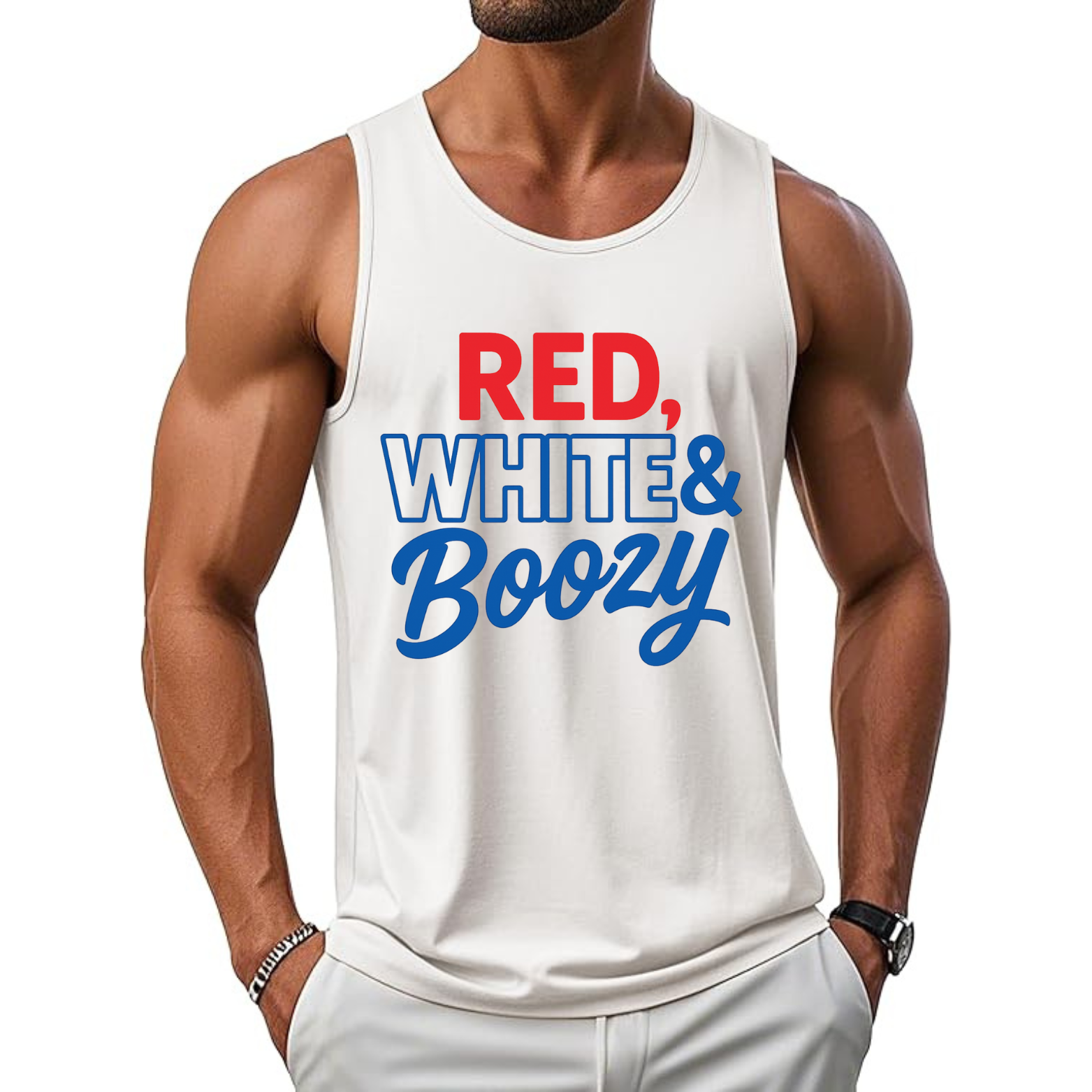 Red White & Boozy Tank Top – Funny Patriotic 4th of July Graphic Sleeveless Shirt – Classic Summer Tee