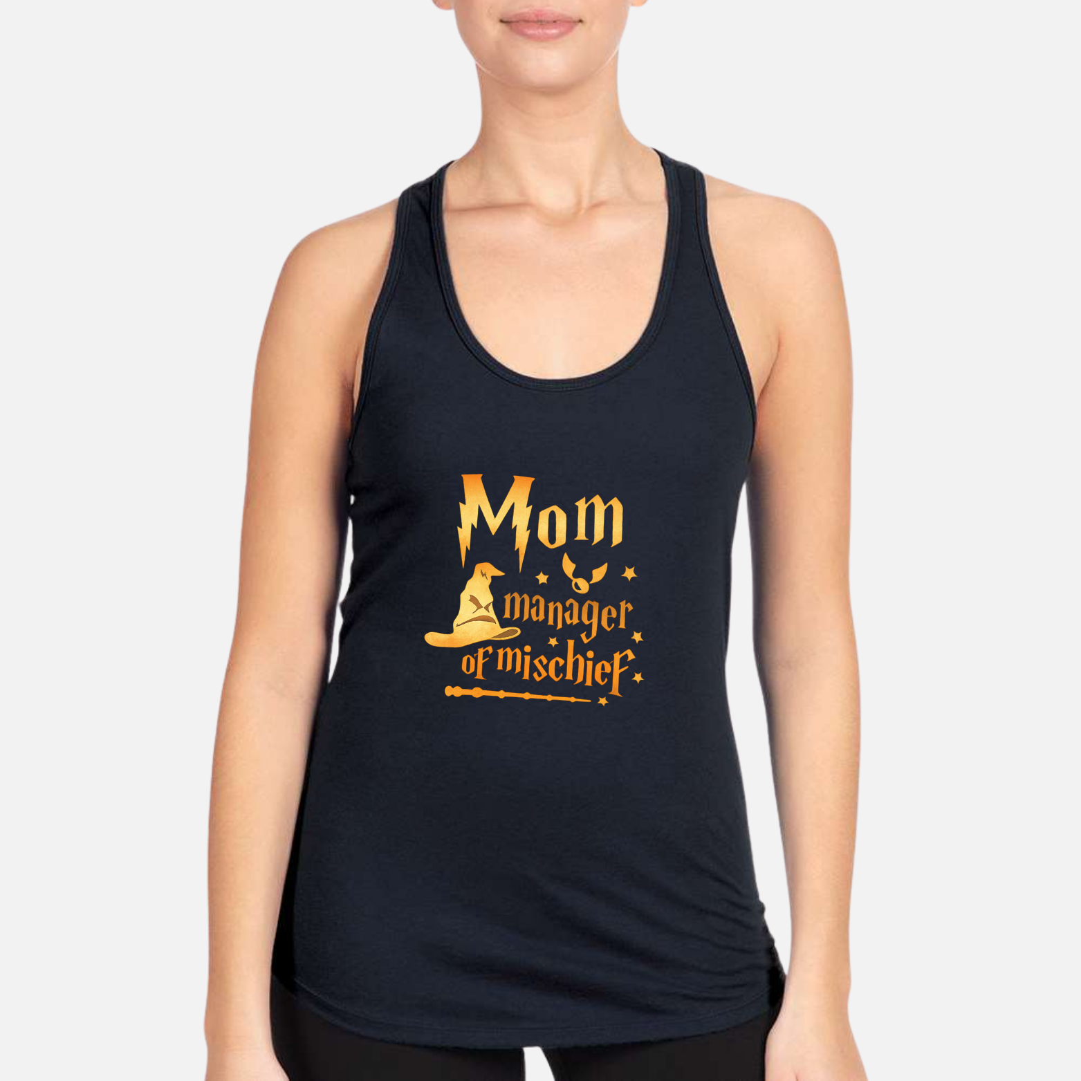 Mom Manager Of Mischief Women's Racerback Tank - Navy front mockup