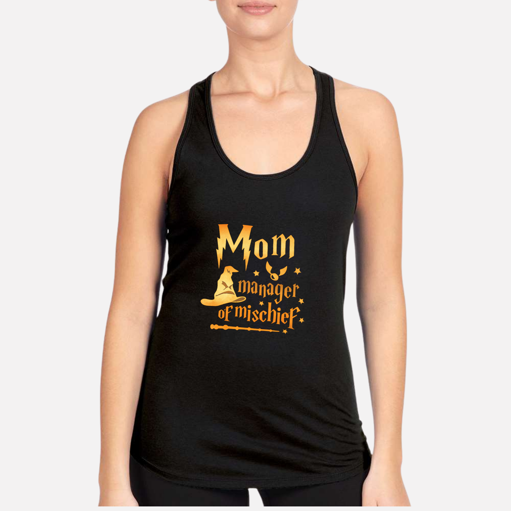 Mom Manager Of Mischief Women's Racerback Tank - Black front mockup
