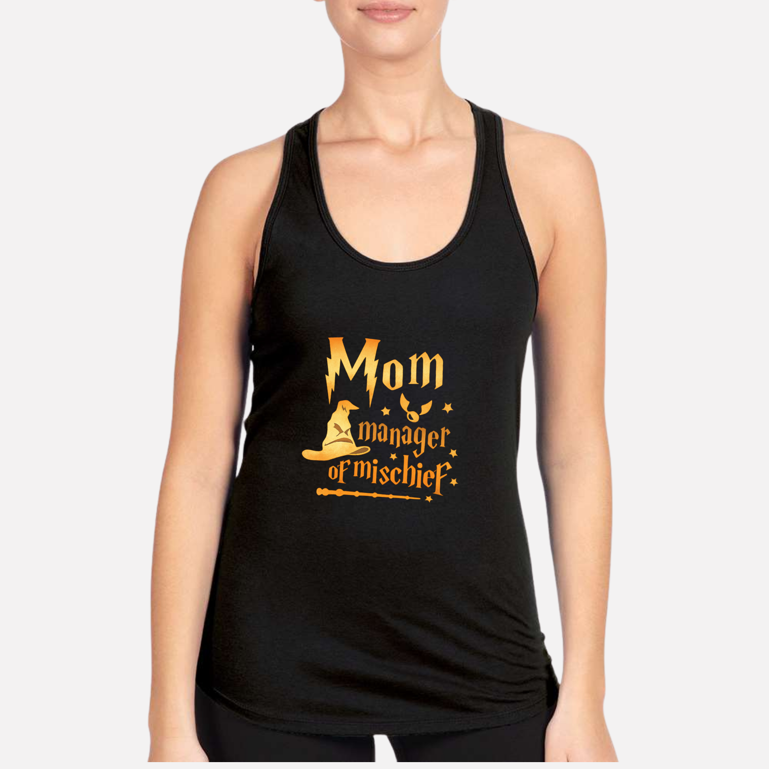 Mom Manager Of Mischief Women's Racerback Tank - Black front mockup