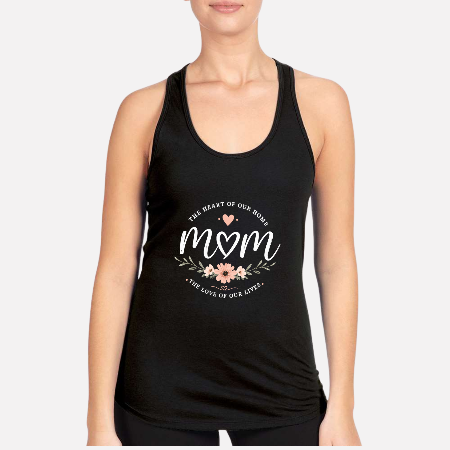 Mom The Heart Of Our Home Women's Premium Racerback Tank - Black front mockup