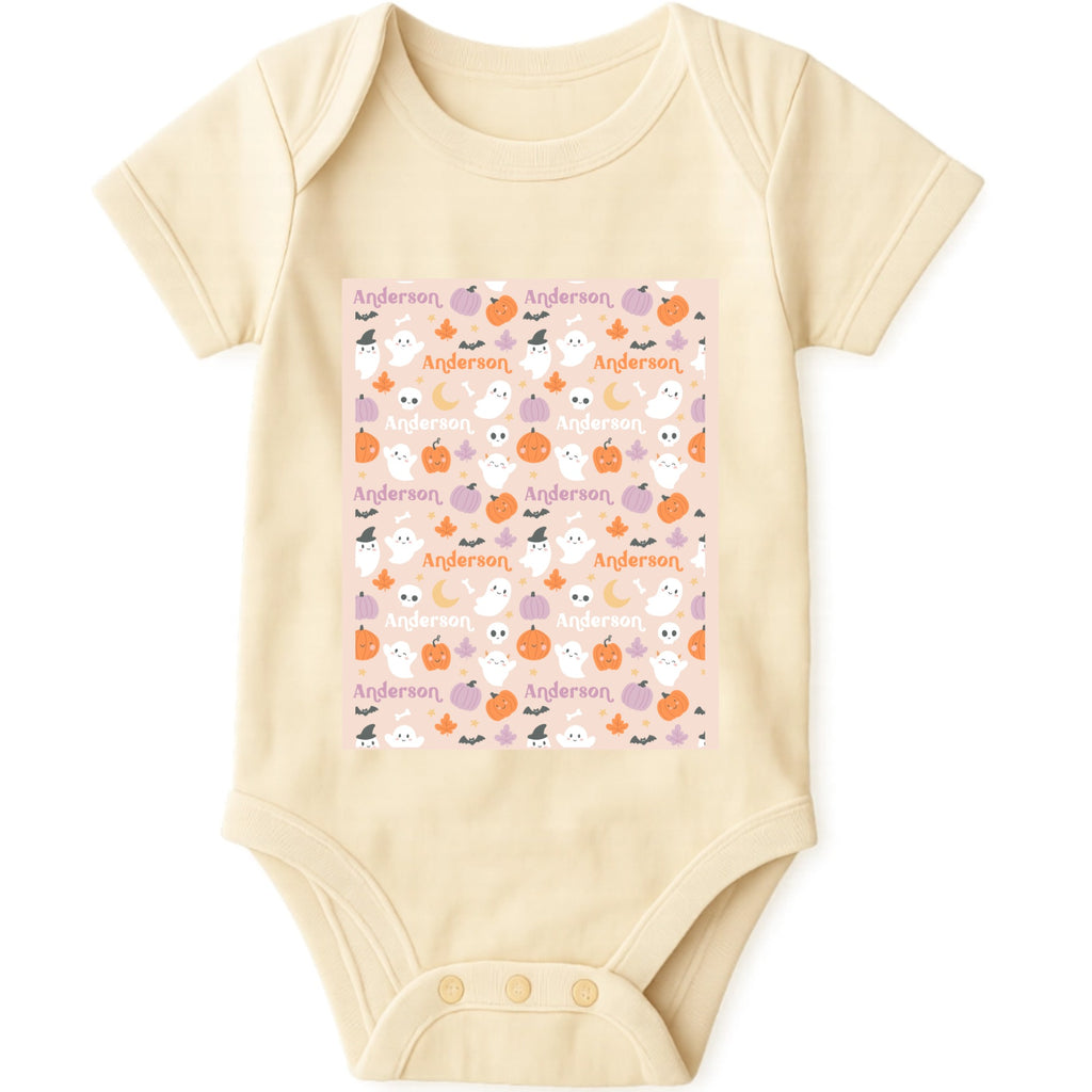 Cute Halloween Name Pattern Baby Onesie hero product mockup