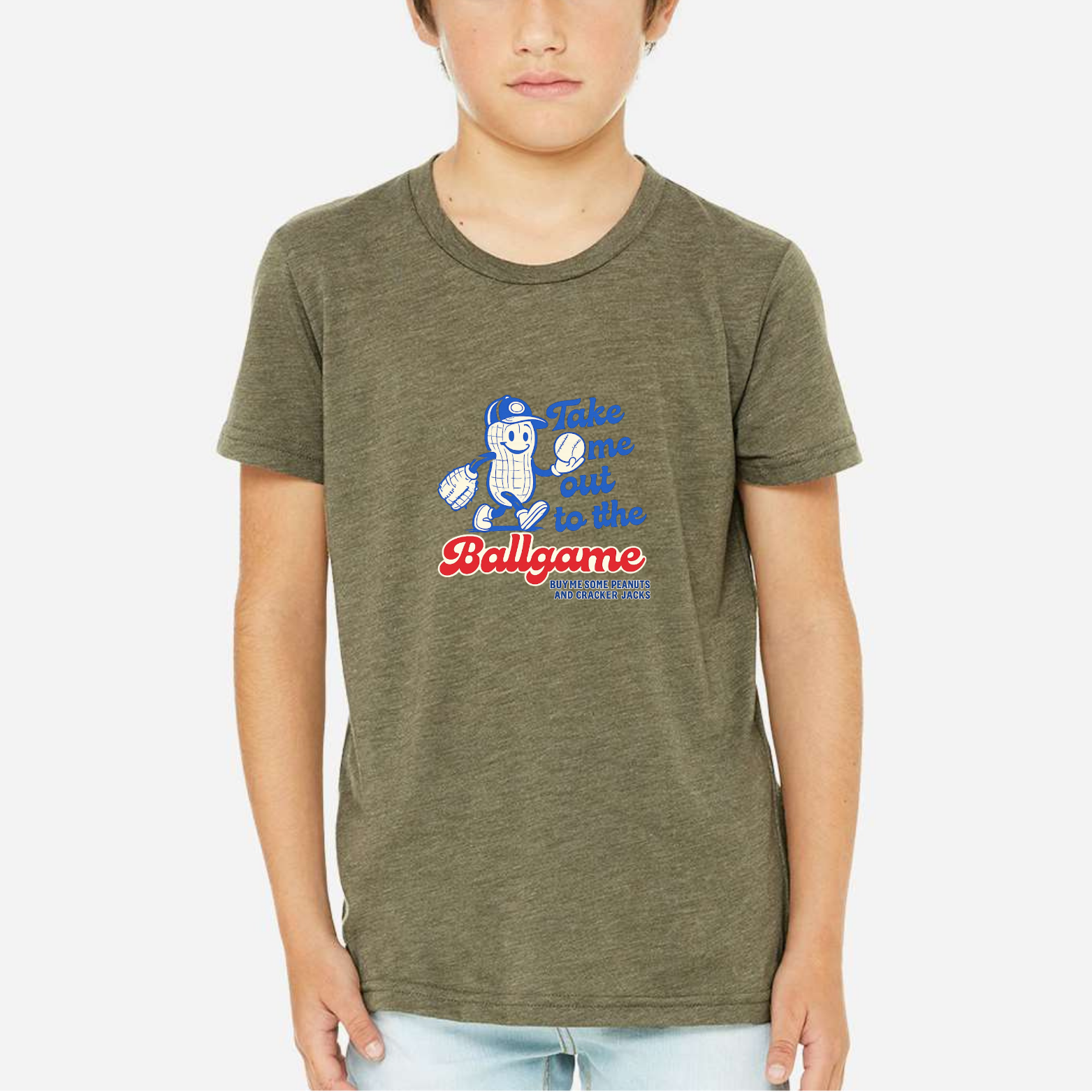 Take Me Out To The Ballgame Youth Triblend Tee - Military Green front mockup