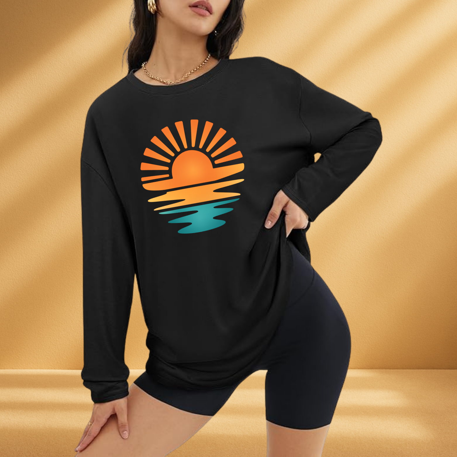 Sunset Long Sleeve Tee – Retro Beach Sunrise Graphic Shirt