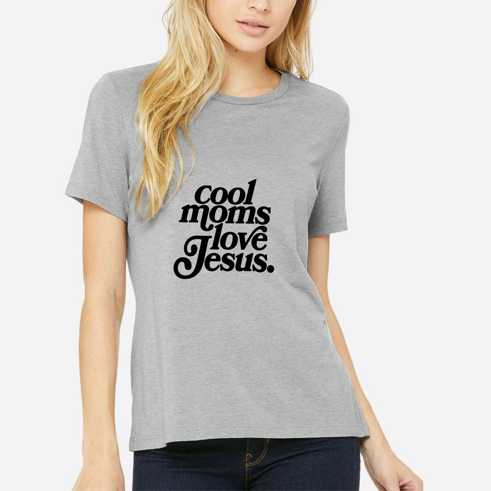 Cool Moms Love Jesus Women's Ultra-Premium Triblend T-Shirt - Heather Grey front mockup