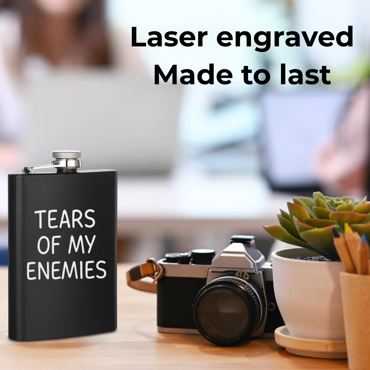 Tears of My Enemies Flask - laser engraved lifestyle detail