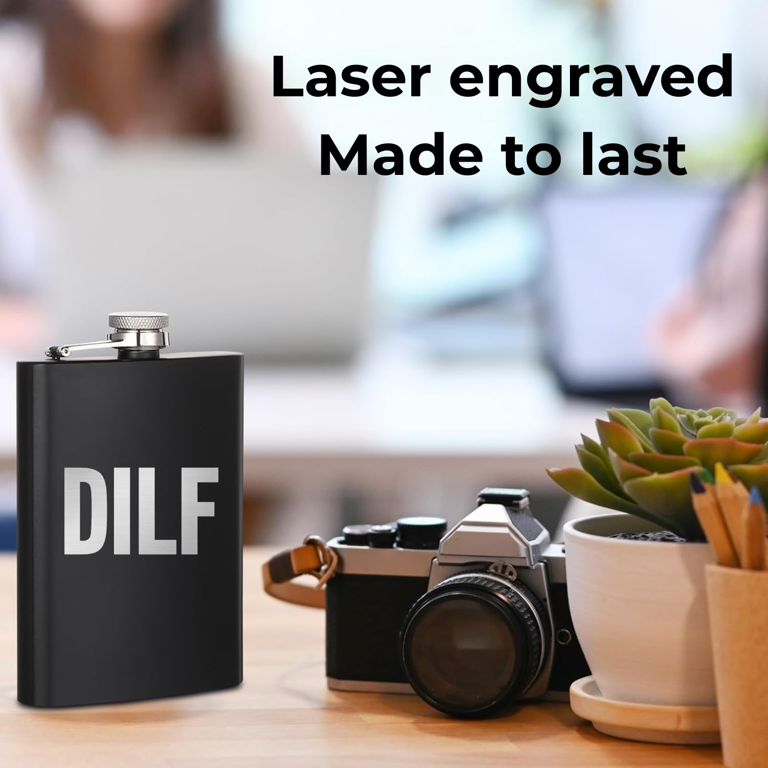 DILF Flask - laser engraved lifestyle detail