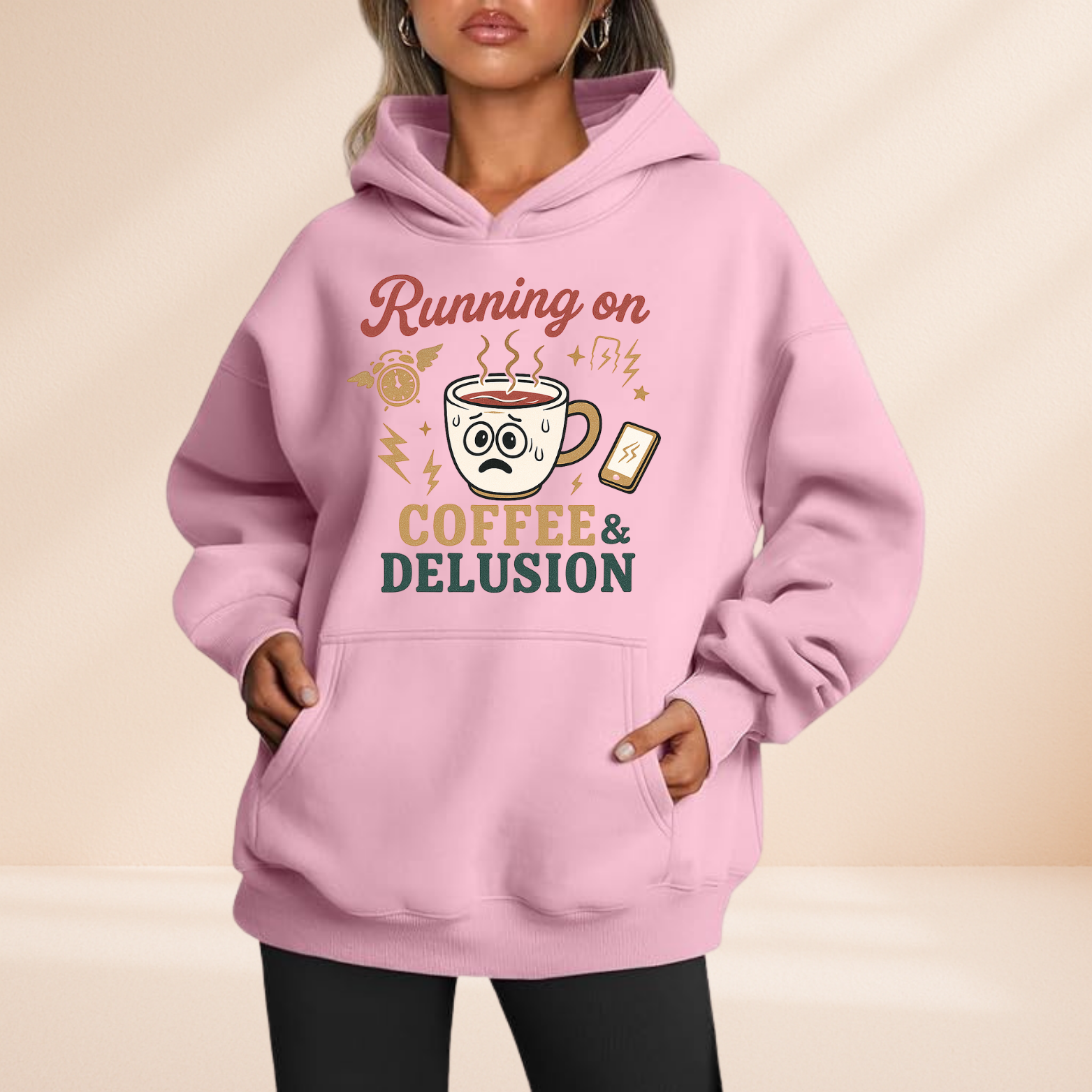 Running on Coffee & Delusion Hoodie – Funny Tired Coffee Lover Graphic Sweatshirt