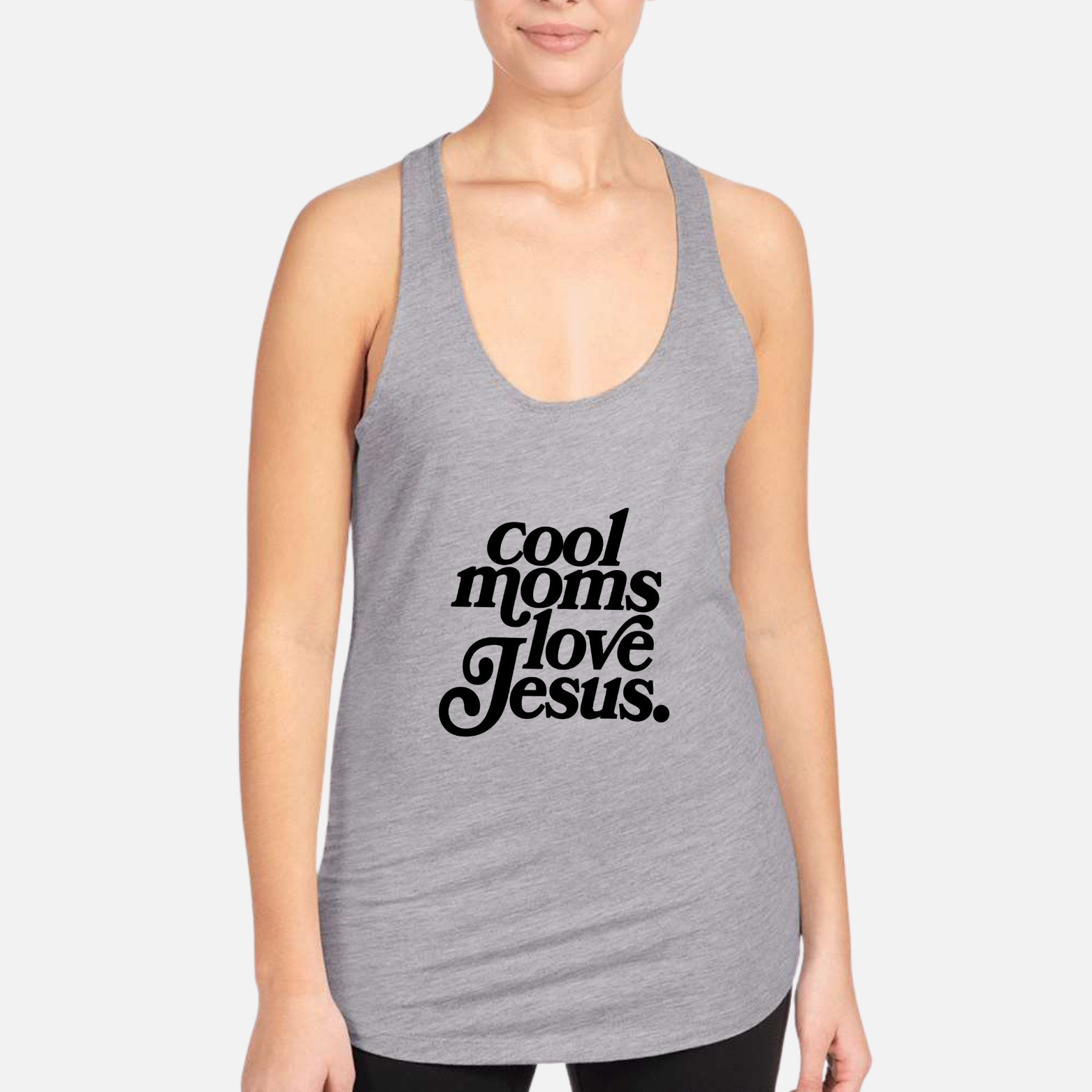 Cool Moms Love Jesus Women's Racerback Tank - Heather Grey front mockup
