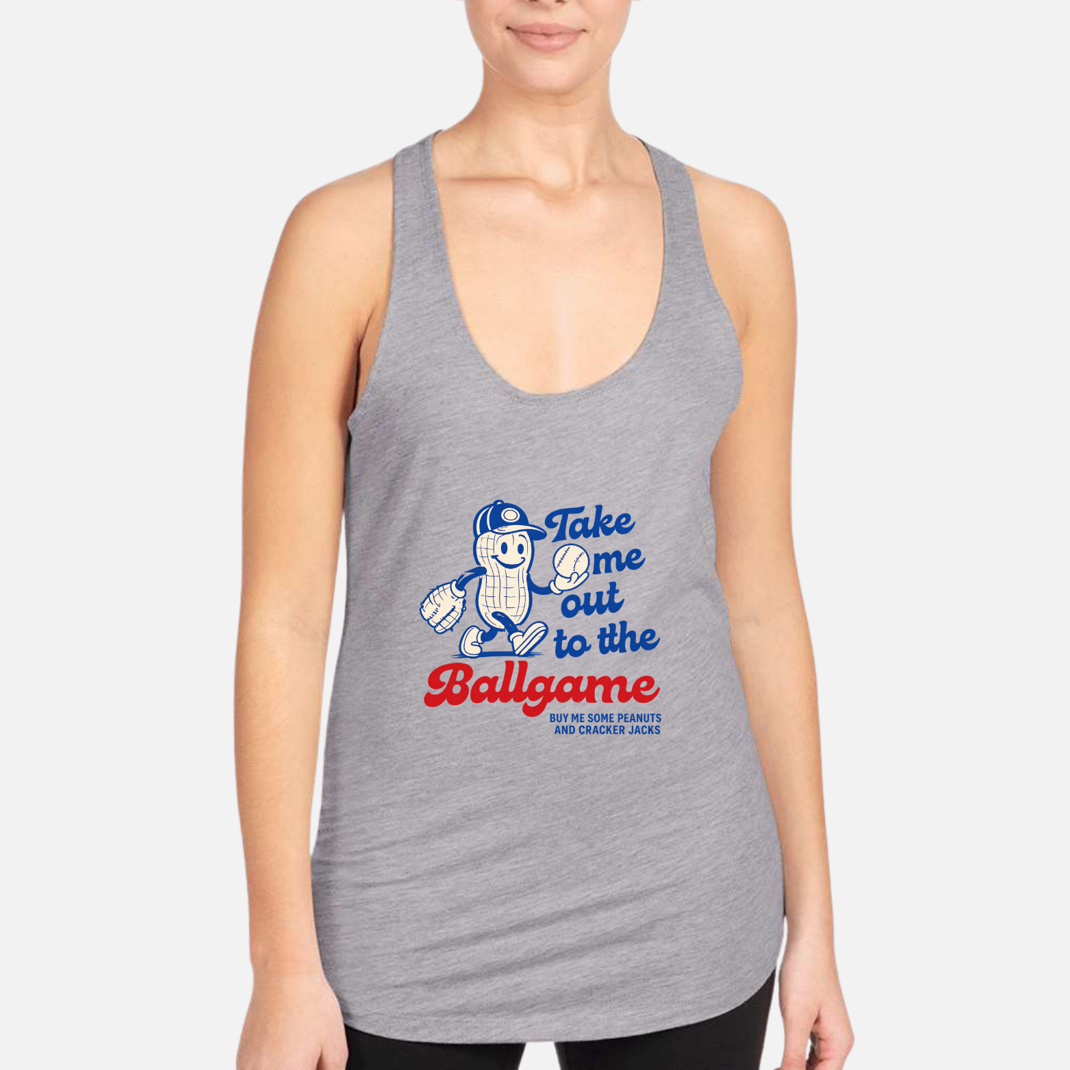Take Me Out To The Ballgame Women's Racerback Tank - Heather Grey front mockup