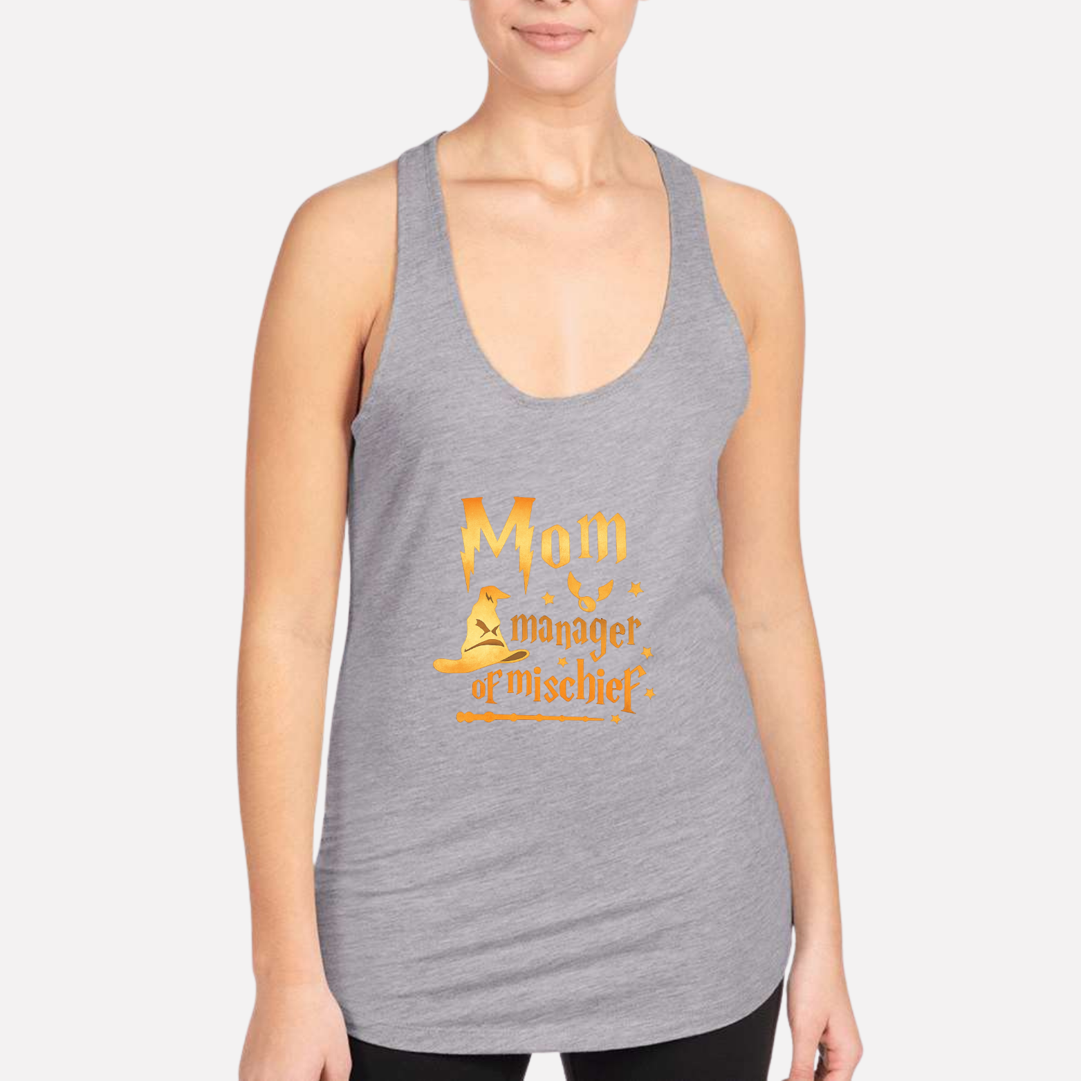 Mom Manager Of Mischief Women's Racerback Tank - Heather Grey front mockup