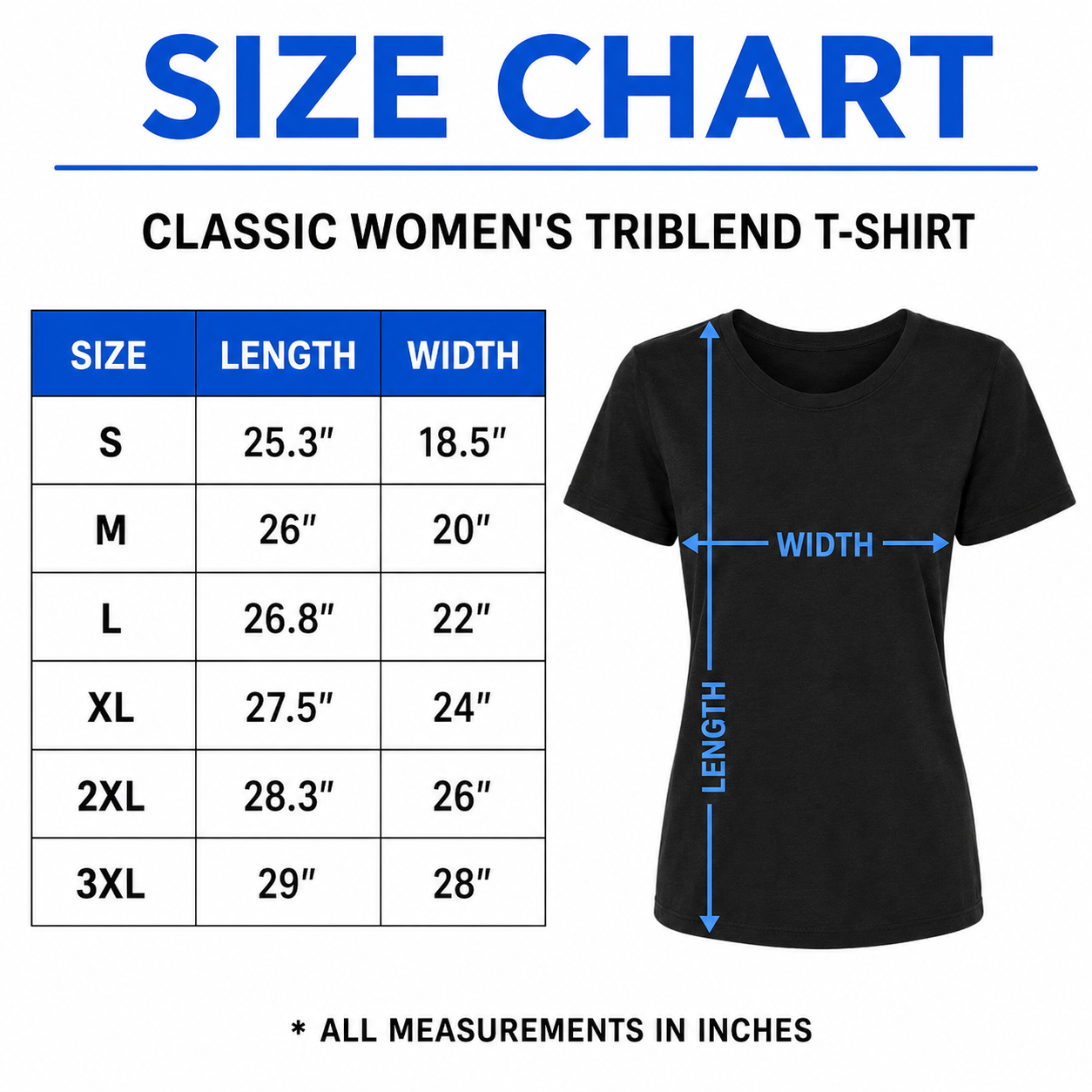 Classic Women's Triblend T-Shirt size chart