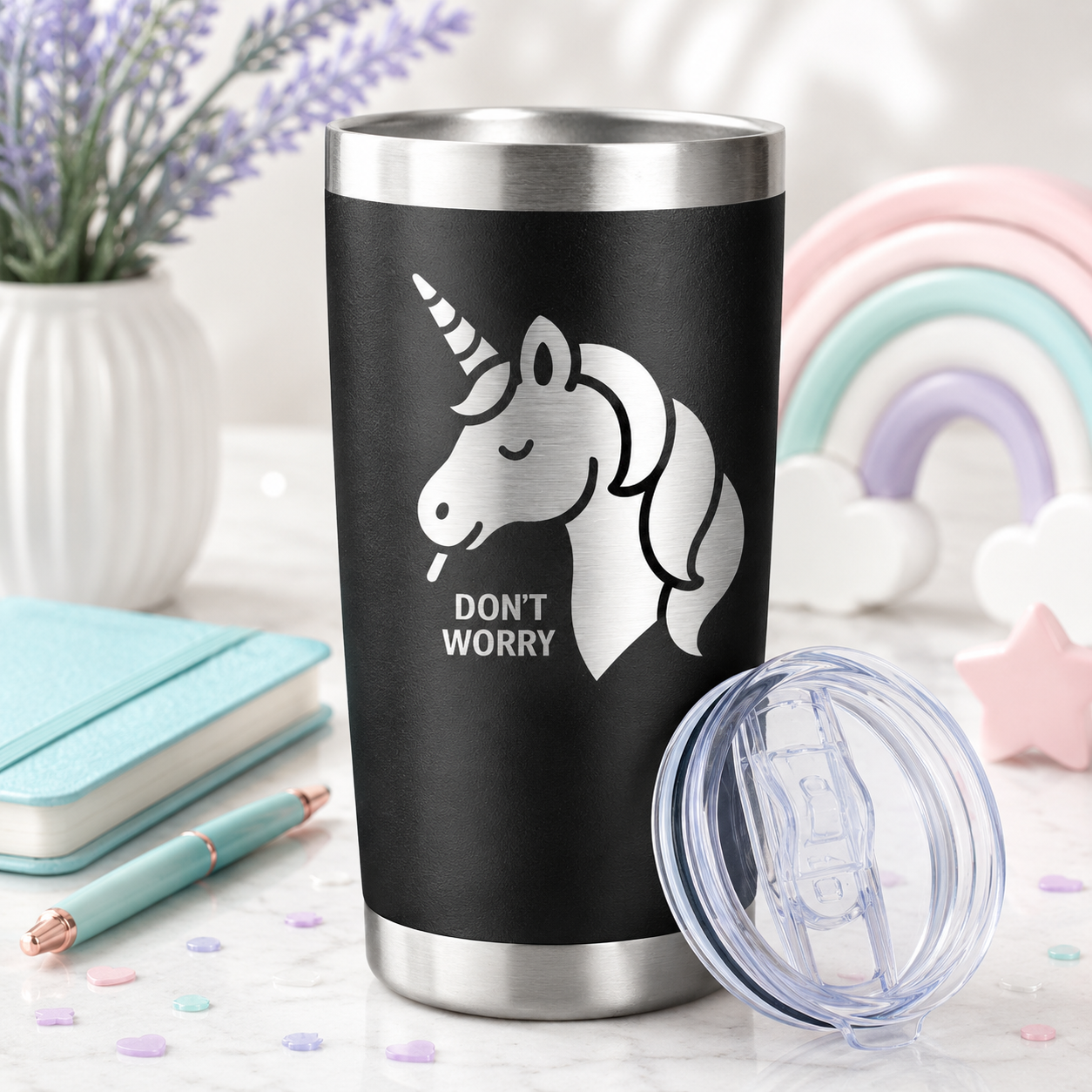 Don't Worry Unicorn 20oz Tumbler lifestyle hero image
