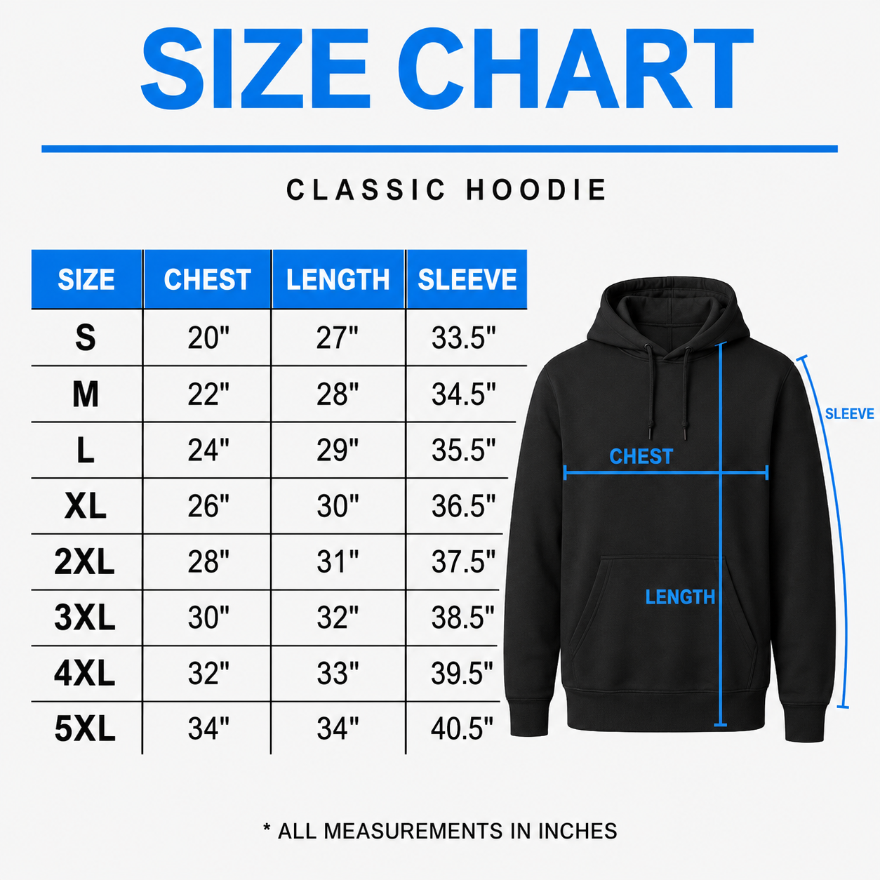 Classic Hoodie size chart