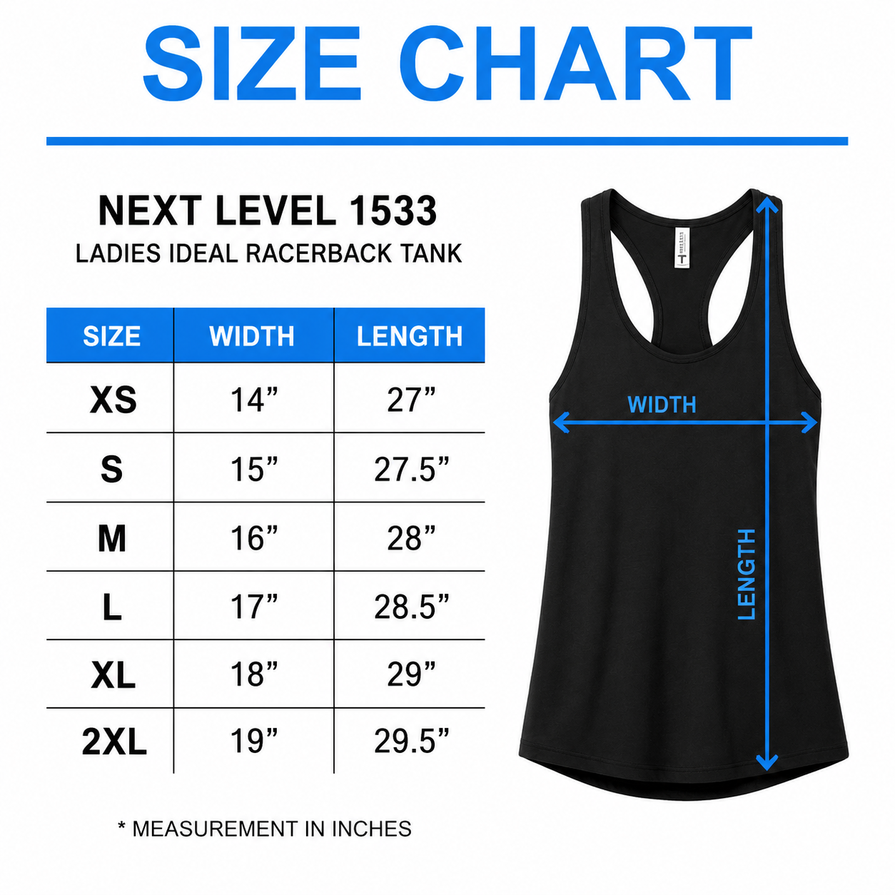 Women's Racerback Tank size chart