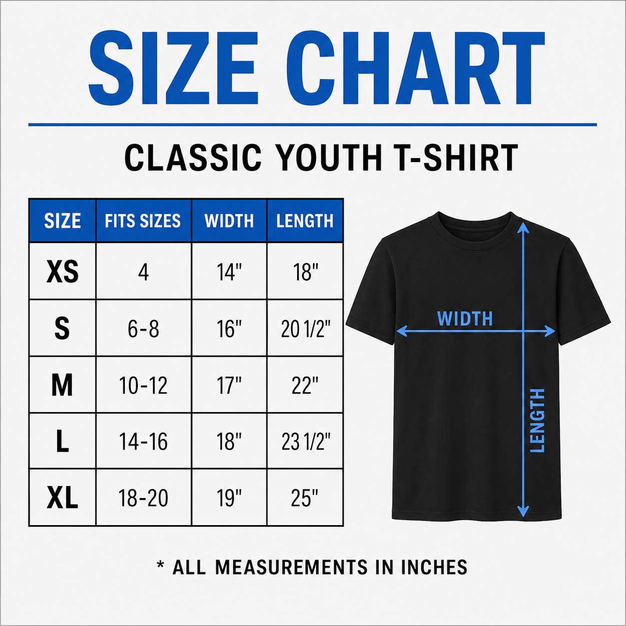 Classic Youth T-Shirt size chart
