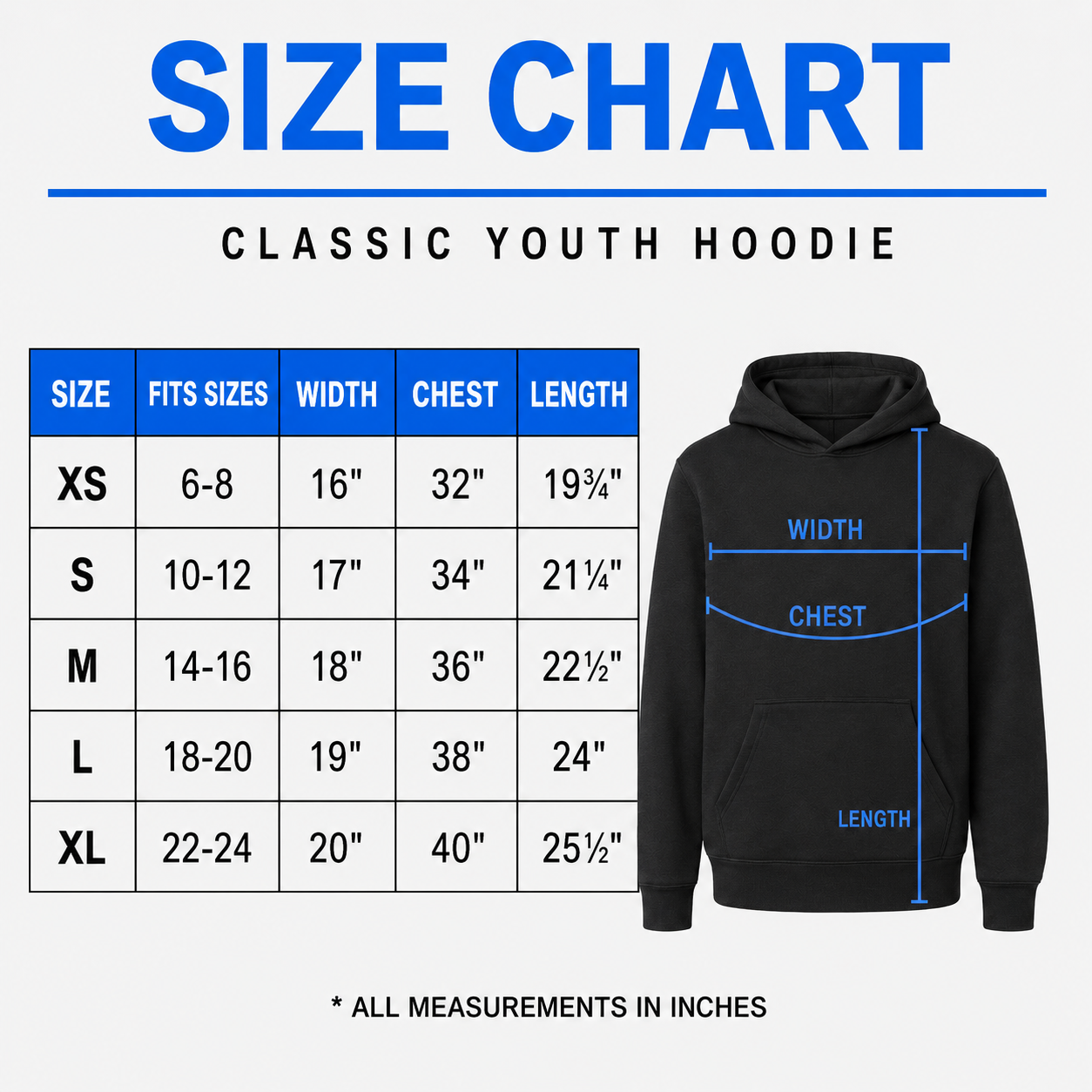 Youth Hoodie size chart